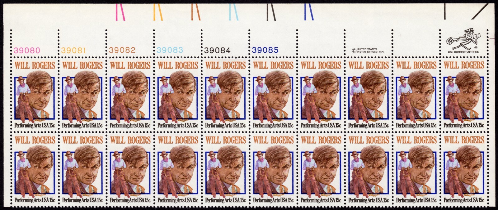 Scott #1801 Will Rogers Plate Block of 20 Stamps - MNH UR PC#2