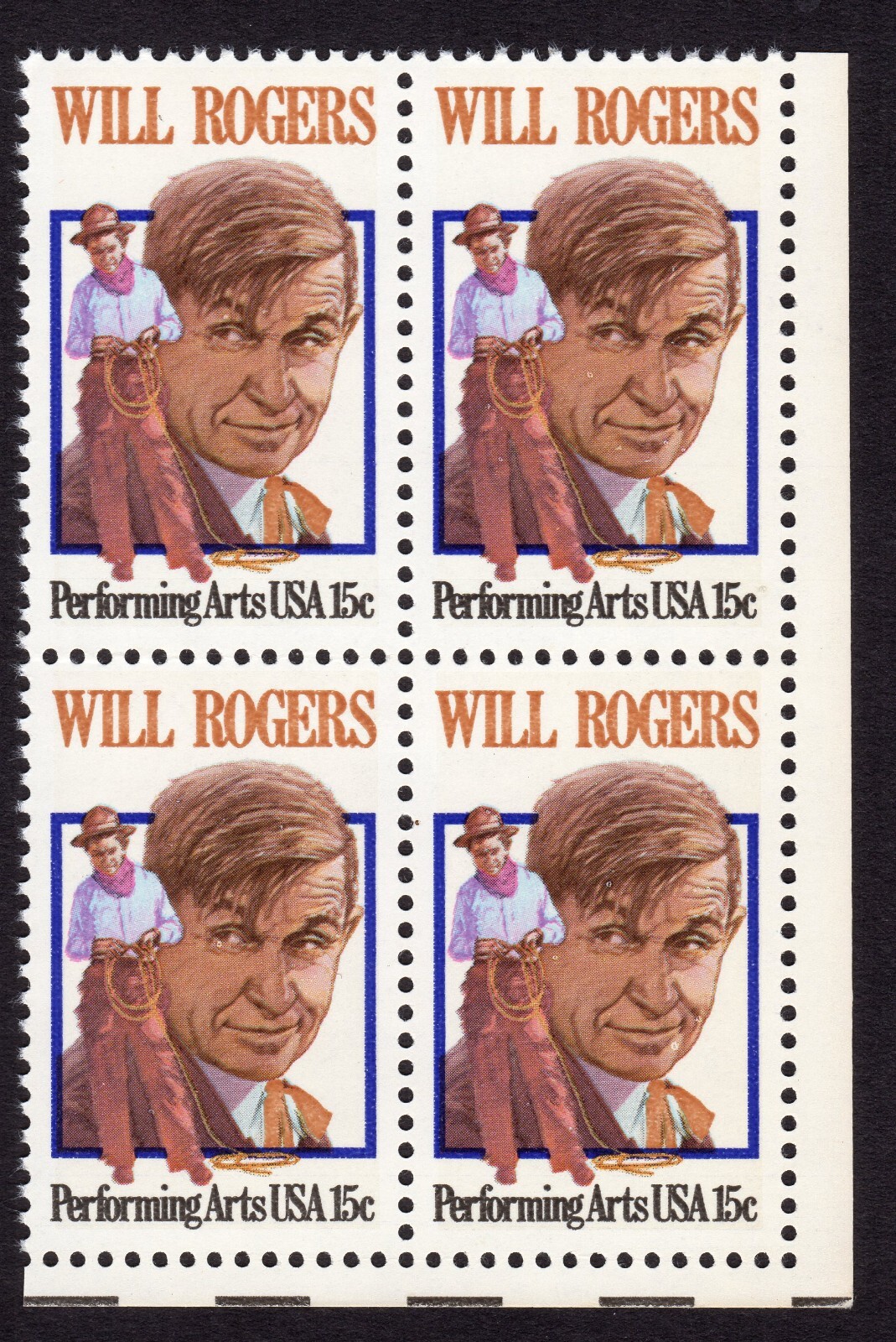 Scott #1801 Will Rogers Block of 4 Stamps - MNH Corner