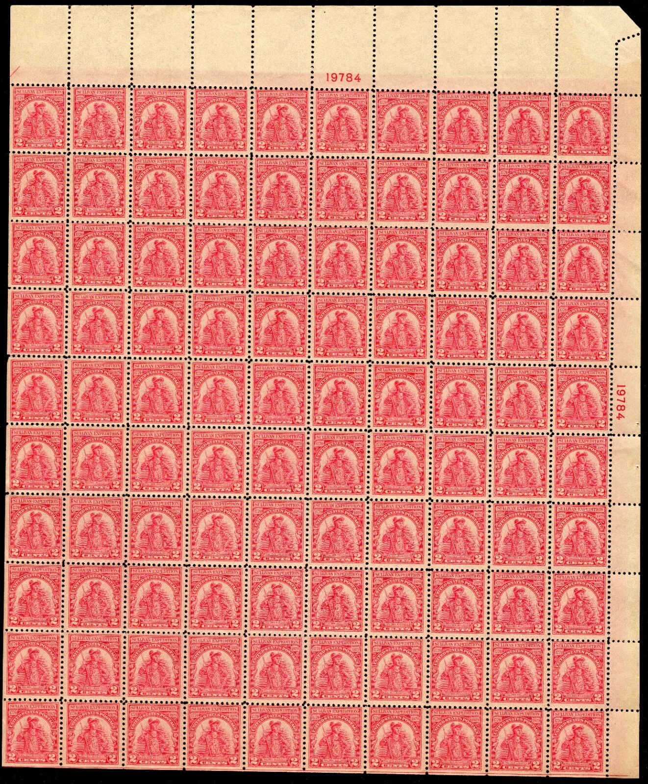 Scott #657 Sullivan Expedition Sheet of 100 Stamps - MNH P#19784