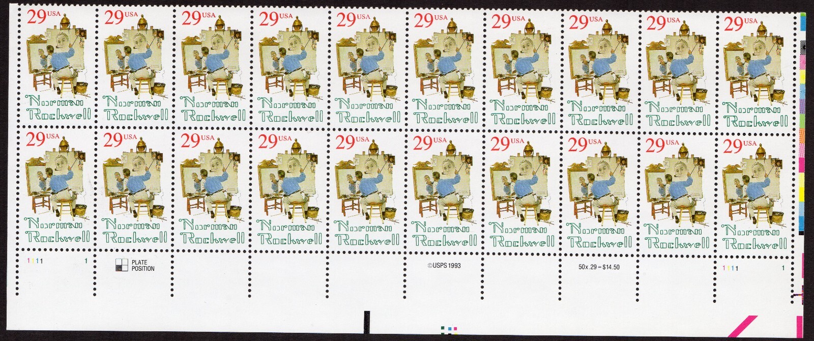 Scott #2839 29¢ Norman Rockwell Plate Block of 20 Stamps - MNH Bottom