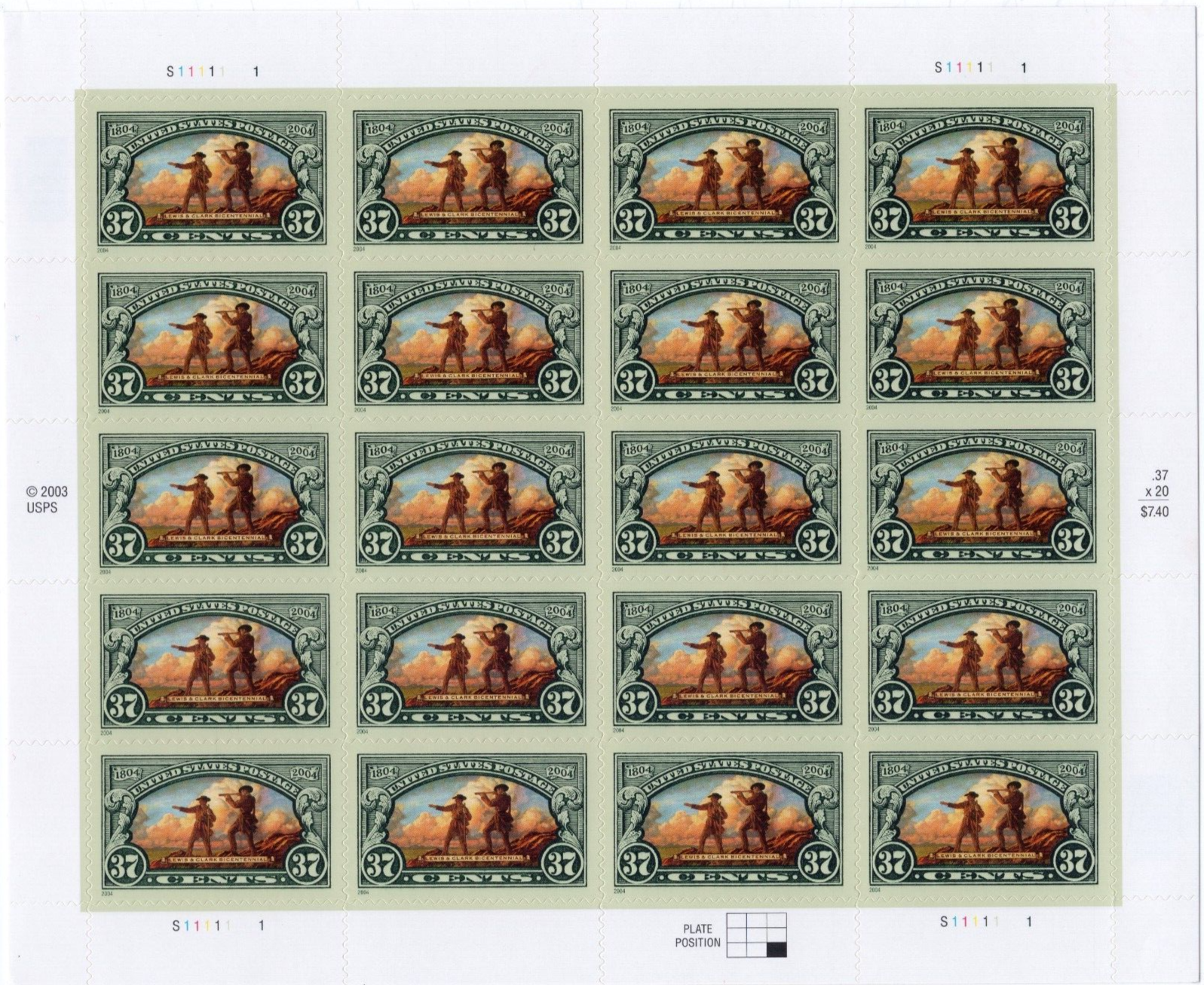 Scott #3854 Lewis and Clark (Thomas Jefferson) Sheet of 20 Stamps - MNH