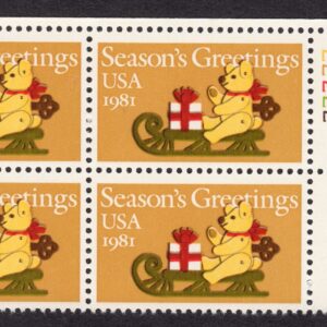 Scott #1940 Teddy Bear on Sleigh Plate Block of 4 Stamps - MNH P#22222 UR