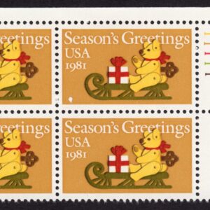 Scott #1940 Teddy Bear on Sleigh Plate Block of 4 Stamps - MNH P#11111 UR
