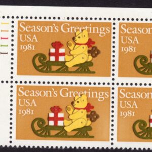 Scott #1940 Teddy Bear on Sleigh Plate Block of 4 Stamps - MNH P#11111 UL