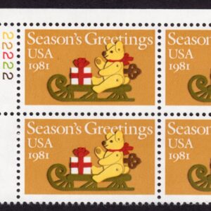 Scott #1940 Teddy Bear on Sleigh Plate Block of 4 Stamps - MNH P#22222 UL