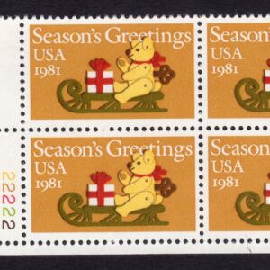 Scott #1940 Teddy Bear on Sleigh Plate Block of 4 Stamps - MNH P#22222 LL