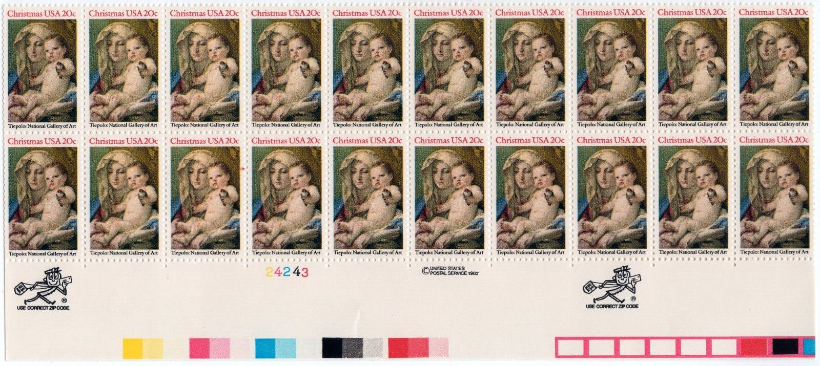 Scott #2026 Christmas Madonna (Tiepolo) Plate Block of 20 Stamps - MNH
