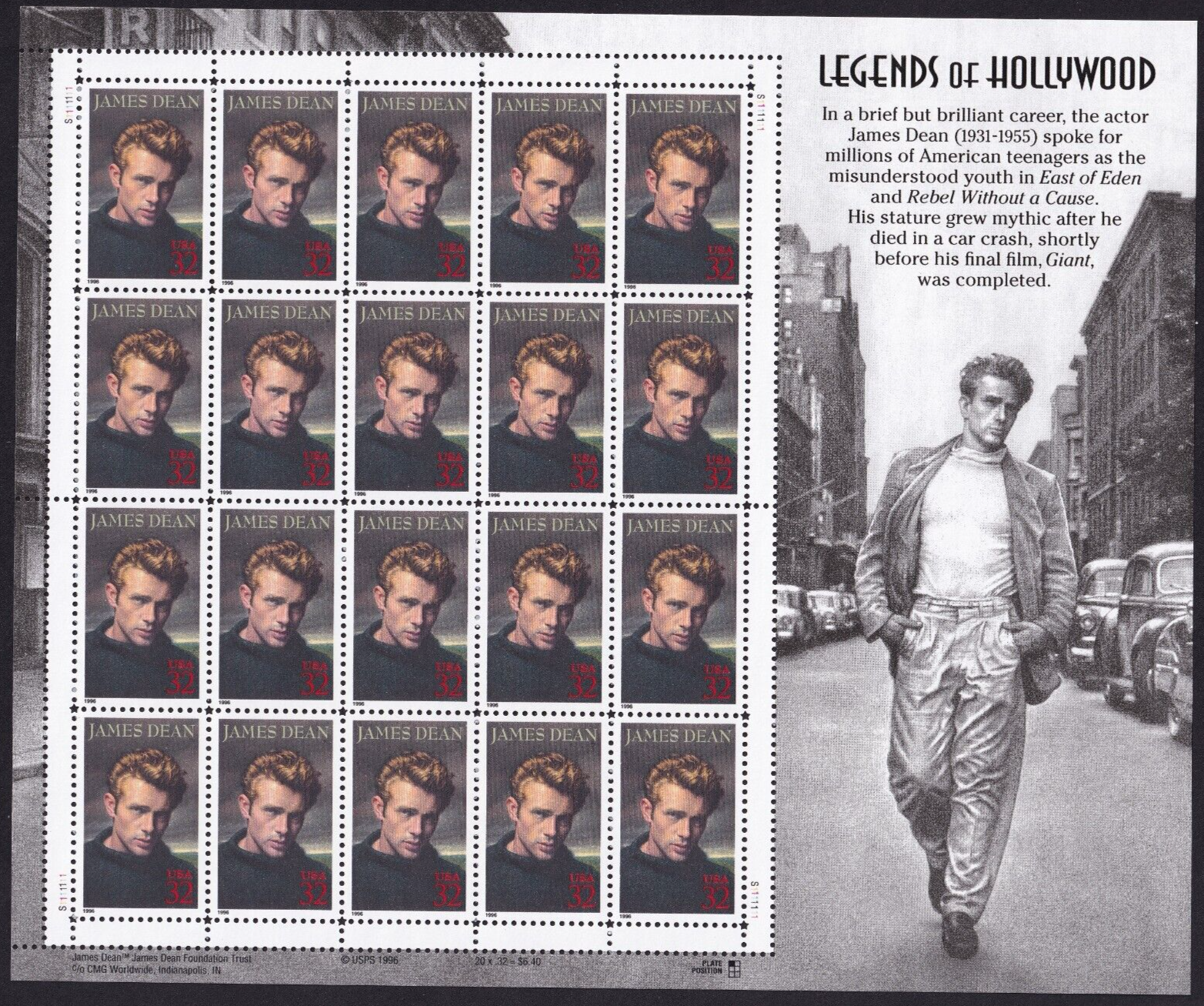 Scott #3082 JAMES DEAN Sheet of 20 Stamps - MNH