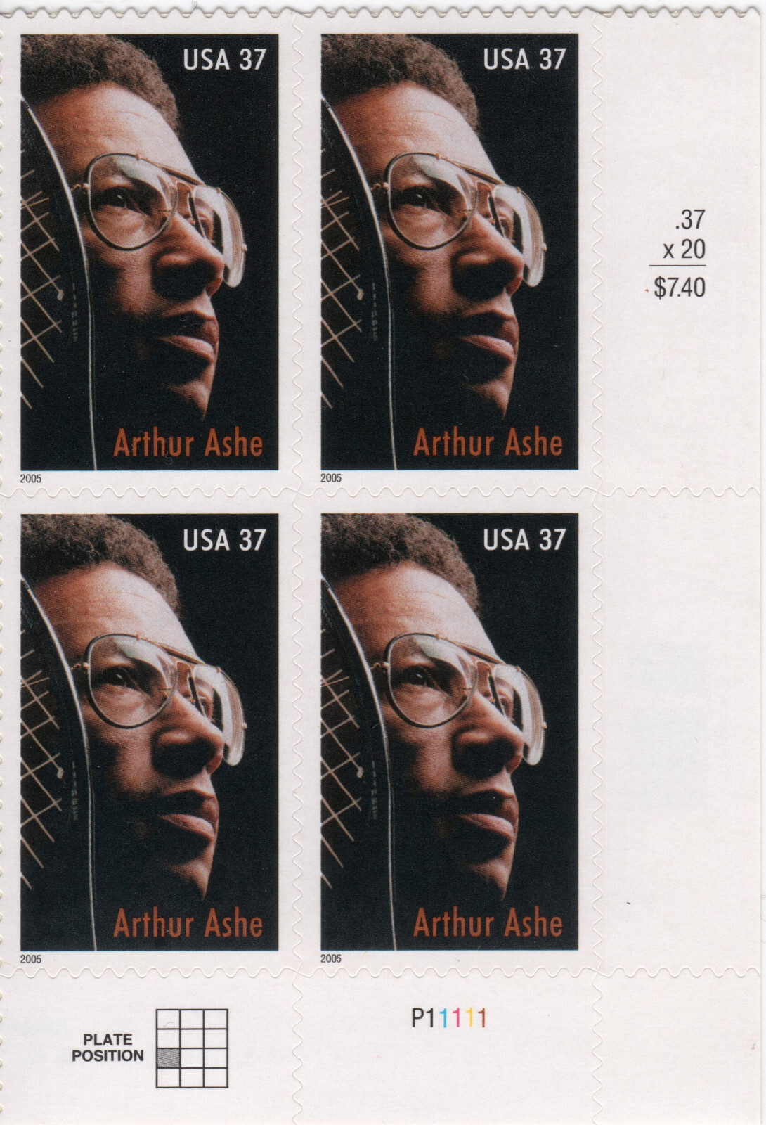 Scott #3936 Arthur Ashe (Tennis, Black Heritage) Plate Block of 4 Stamps - MNH