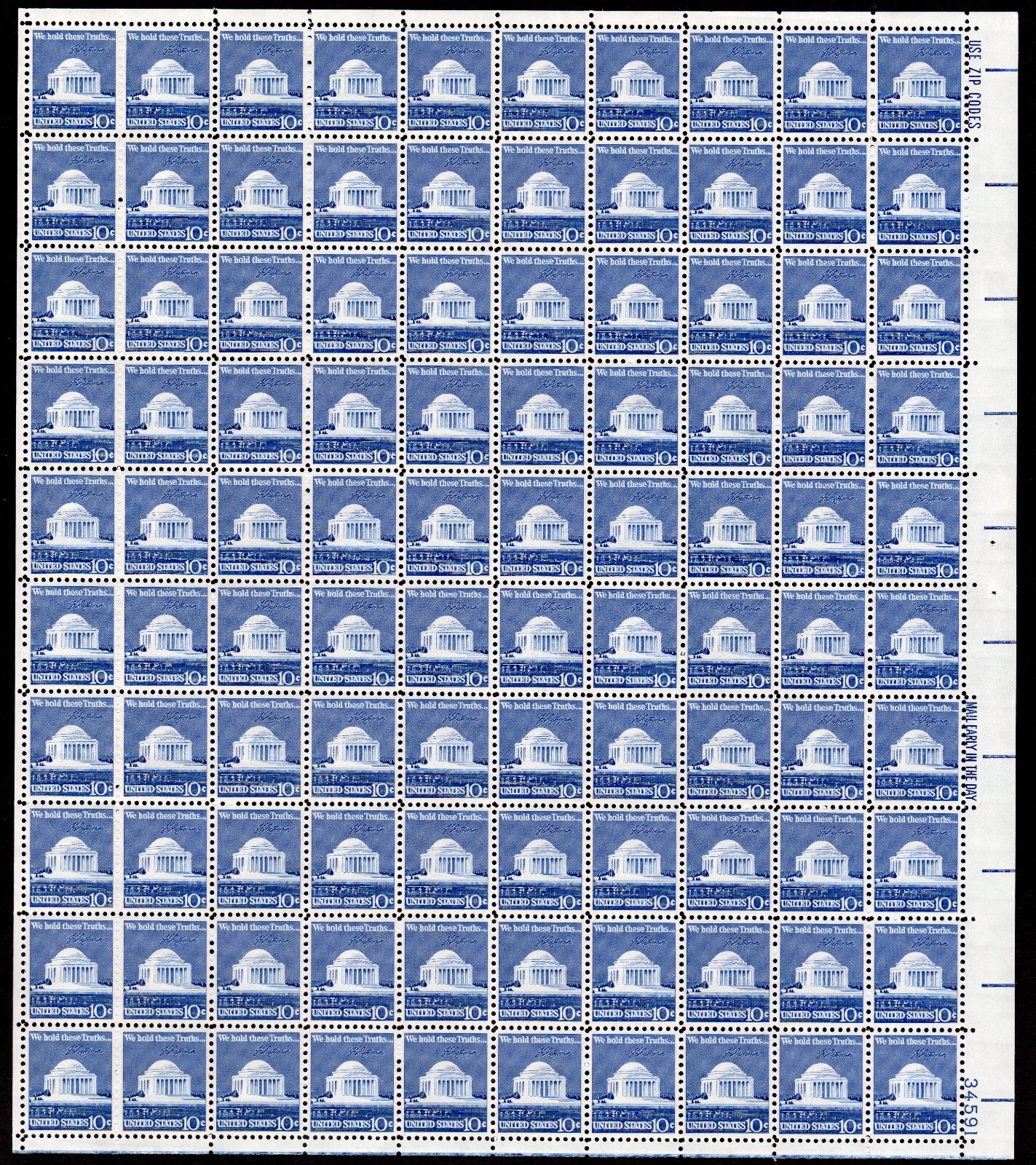 Scott #1510 Jefferson Memorial Sheet of 100 Stamps - MNH P#34591 LR