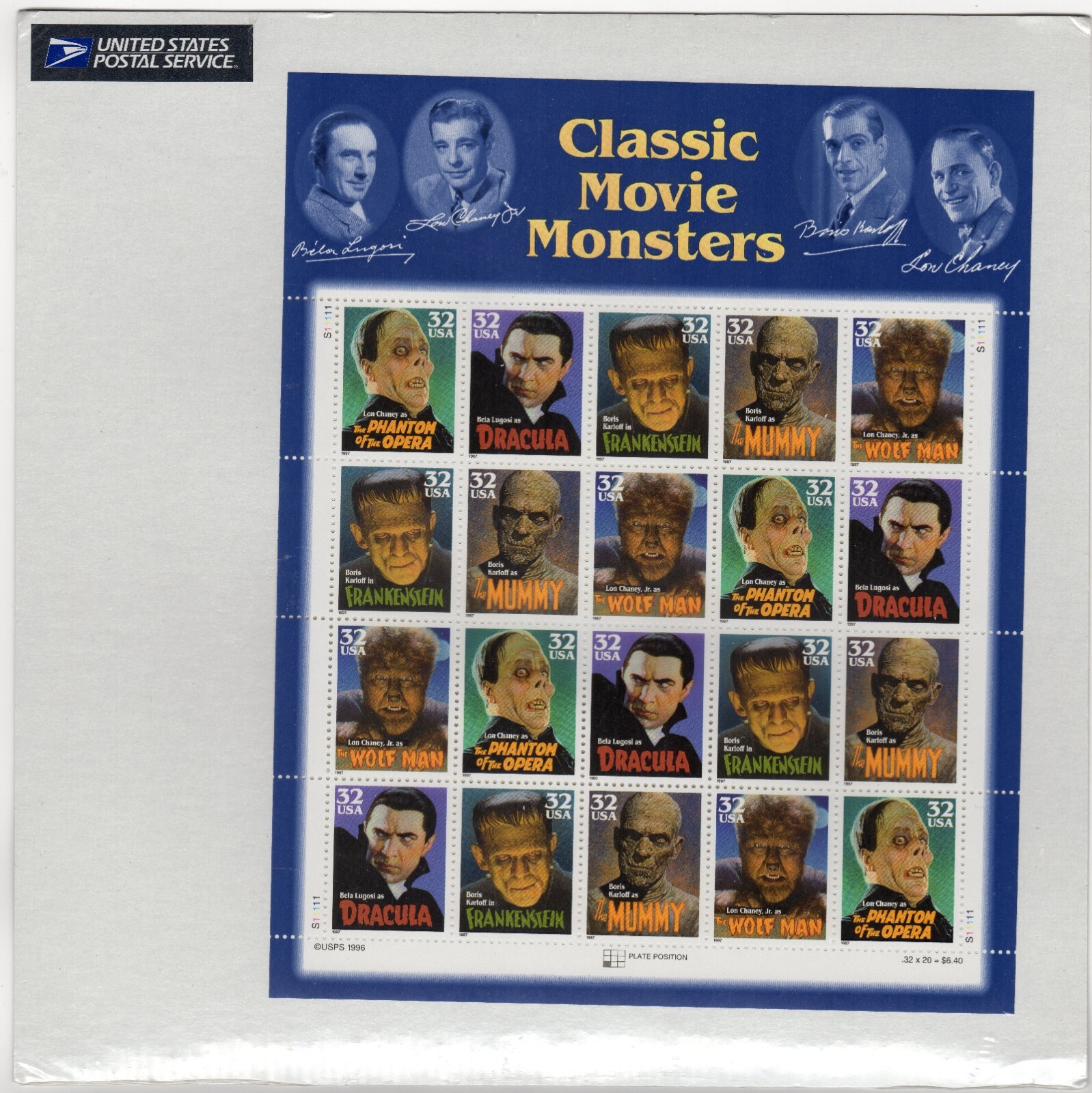 Scott #3172a Classic Movie Monsters Sheet of 20 Stamps - Sealed Item #442544
