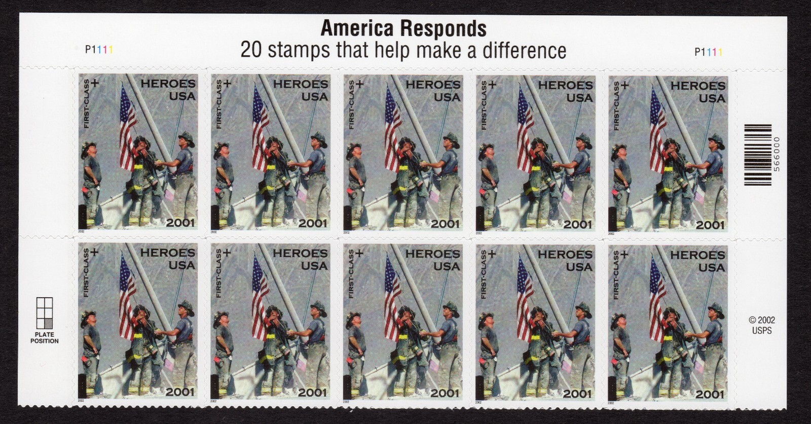 Scott #B2 9-11 America Responds Title Block of 10 Stamps - MNH P#P1111