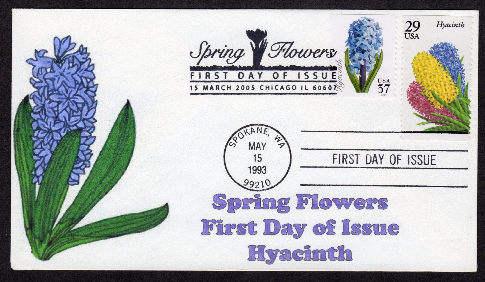 Scott #2760-3900 Spring Flowers Hyacinth Chicago IL & Spokane WA FDC Homespun