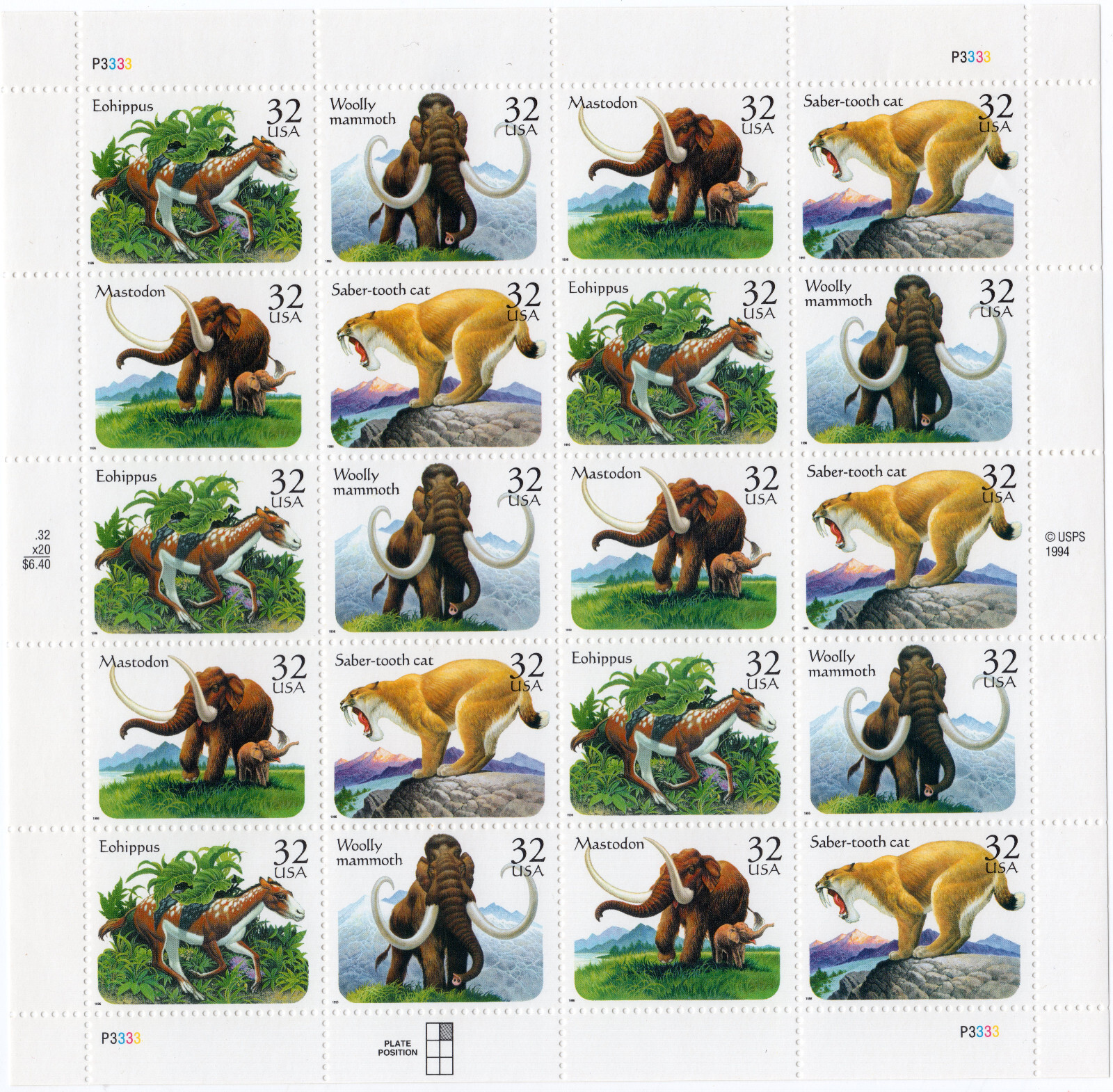 Scott #3080a (3077-3080) Prehistoric Animals Sheet of 20 Stamps - MNH