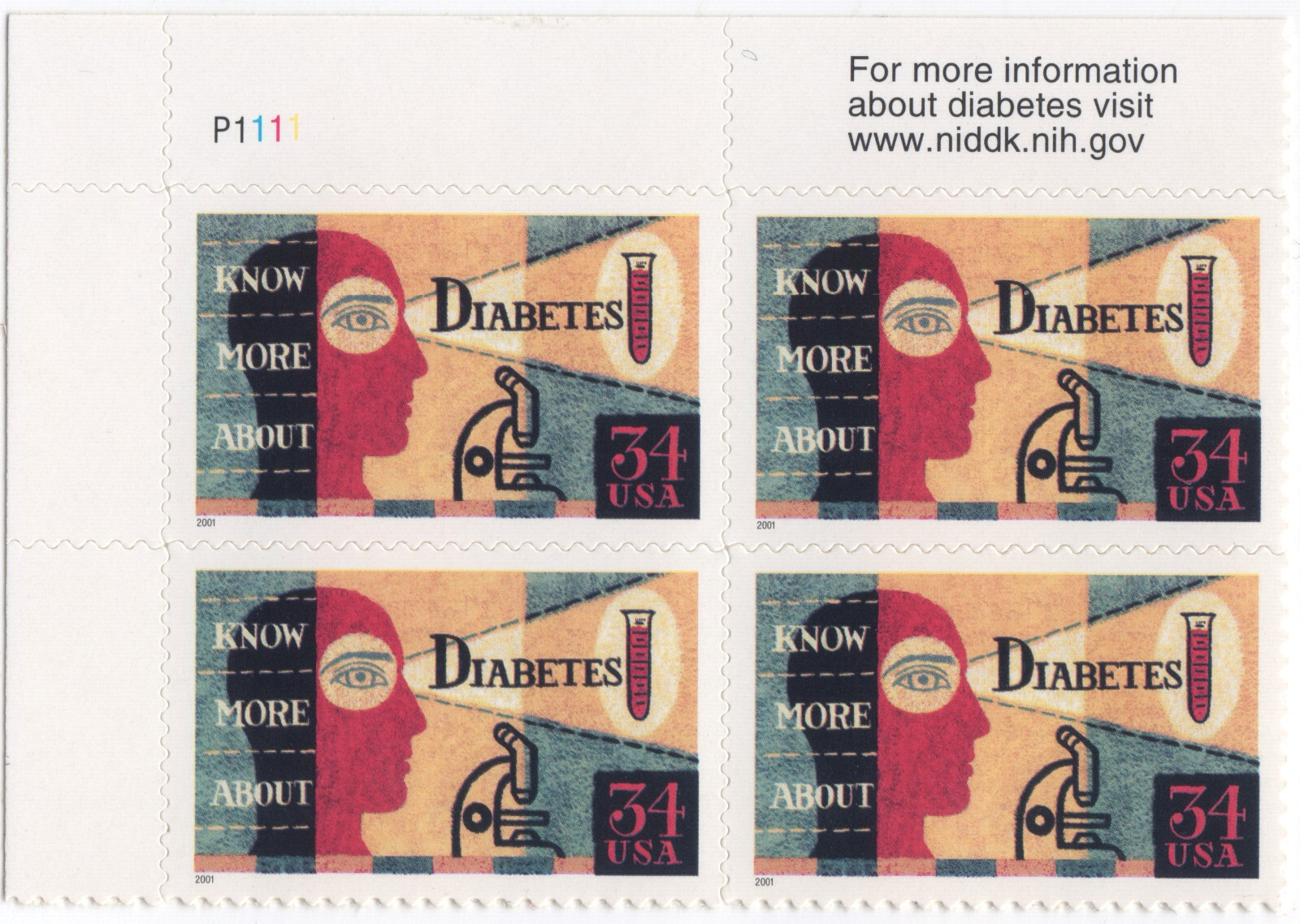 Scott #3503 Diabetes Plate Block of 4 Stamps - MNH