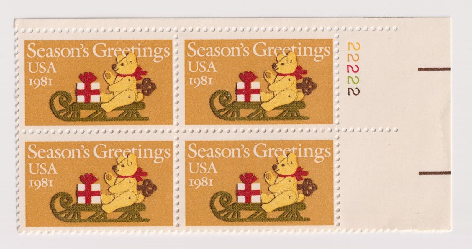 Scott #1940 Teddy Bear on Sleigh Plate Block of 4 Stamps - MNH P#22222 UR PC