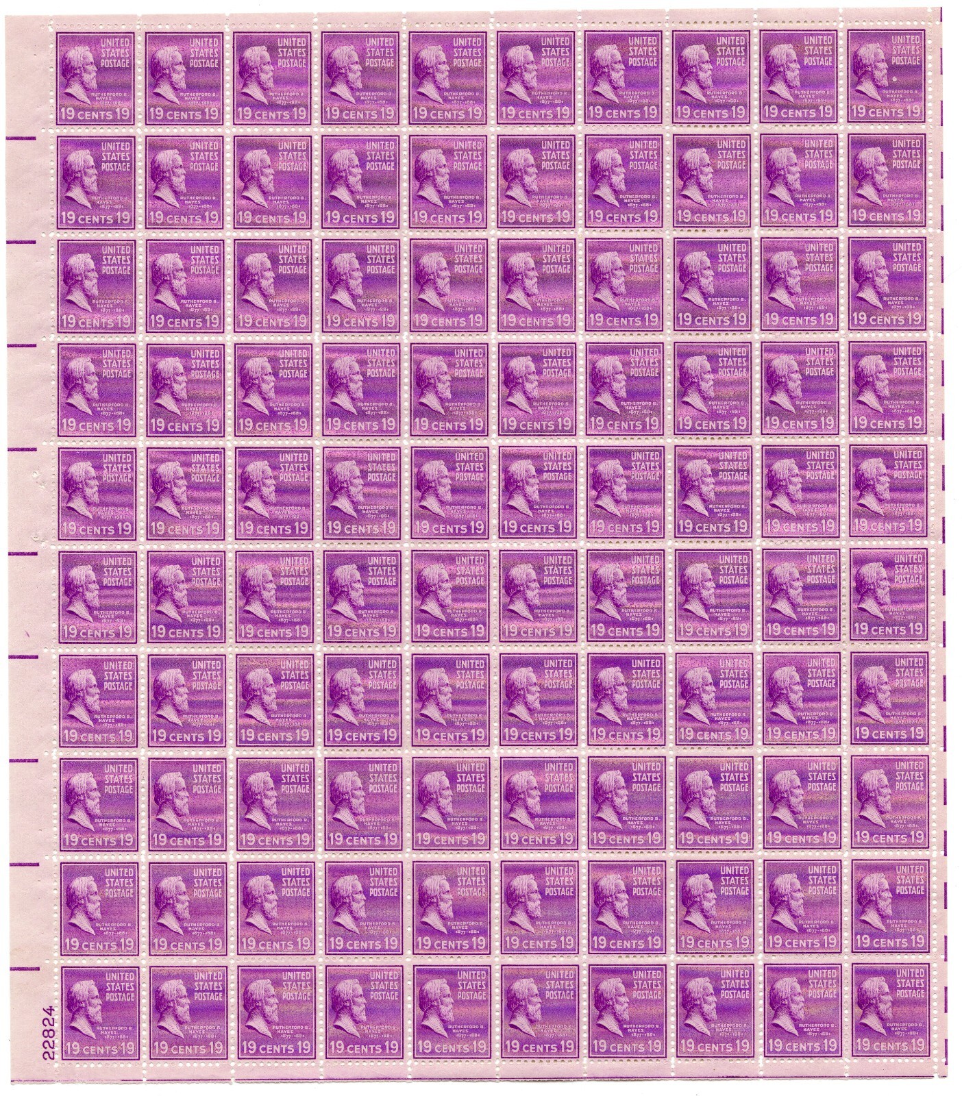 Scott #824 Rutherford B. Hayes Sheet of 100 Stamps - MNH P#22824 LL