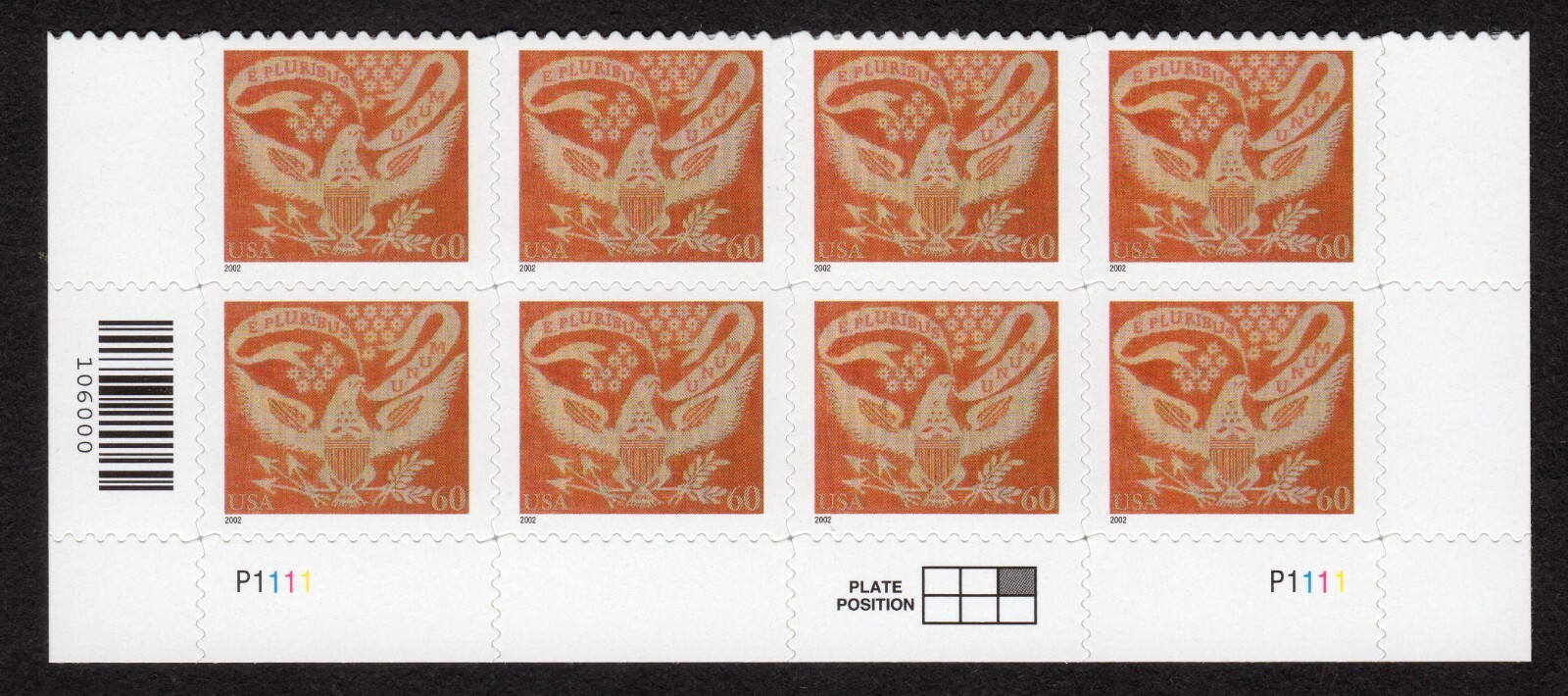 Scott #3646 Eagle Coverlet Plate Block of 8 Stamps- MNH Bottom