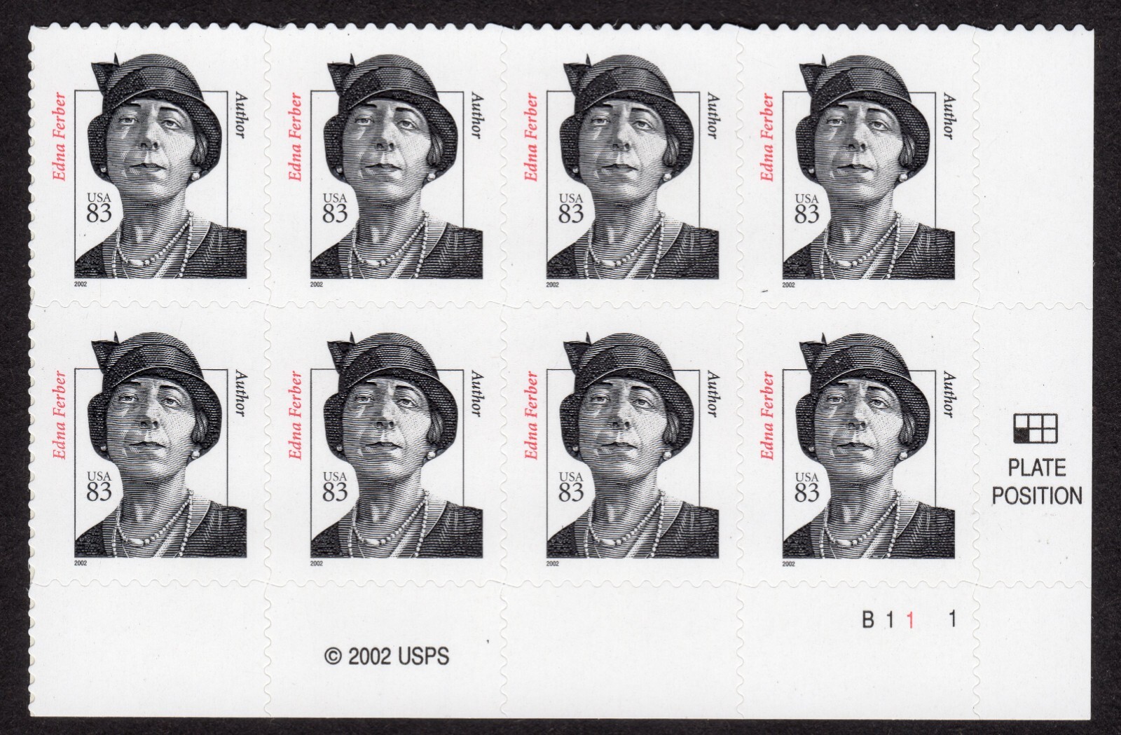 Scott #3433 Edna Ferber Plate Block of 8 Stamps - MNH LR