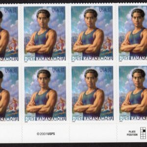 Scott #3660 Duke Kahanamoku Waikiki Plate Block of 8 Stamps - MNH