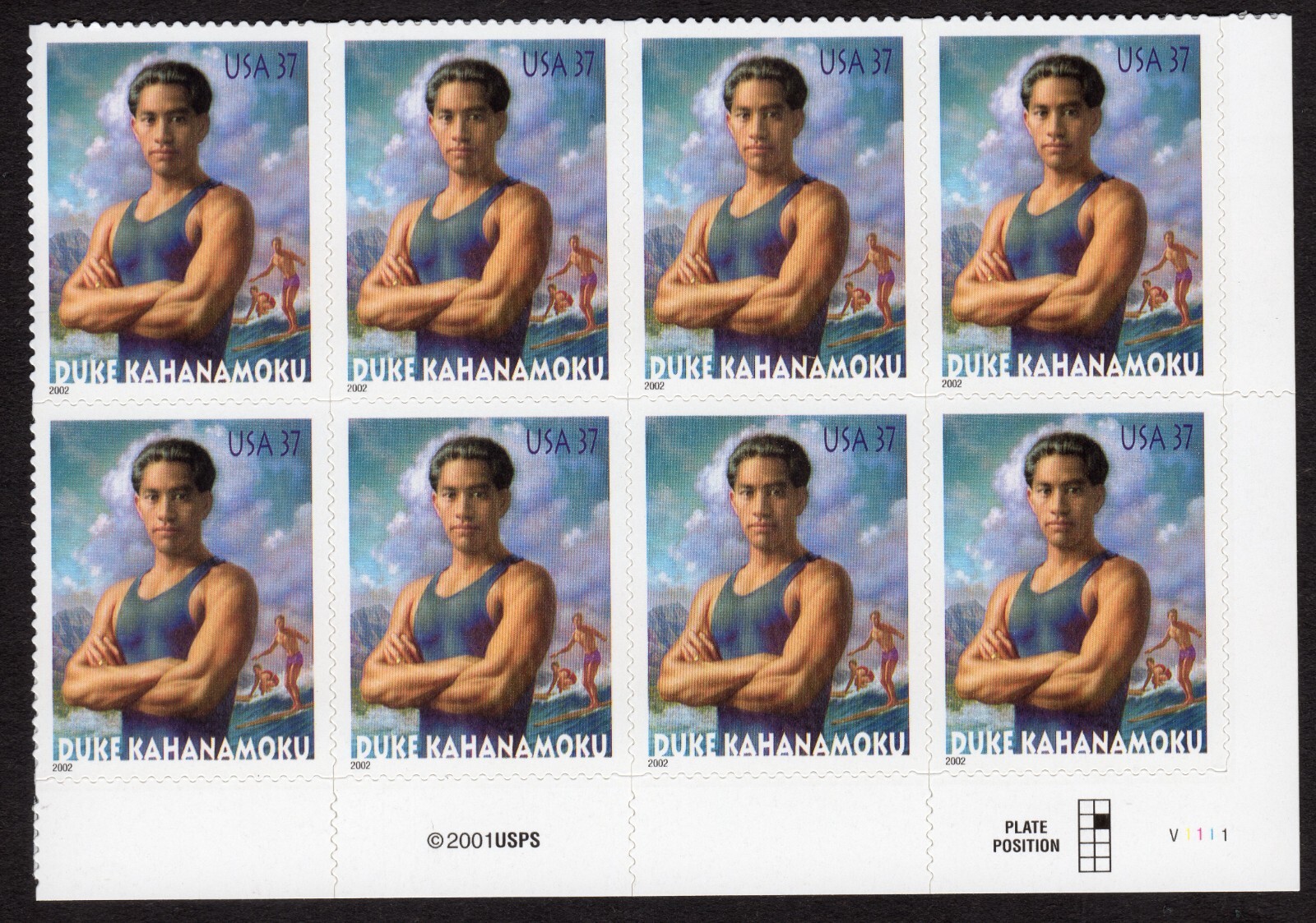 Scott #3660 Duke Kahanamoku Waikiki Plate Block of 8 Stamps - MNH