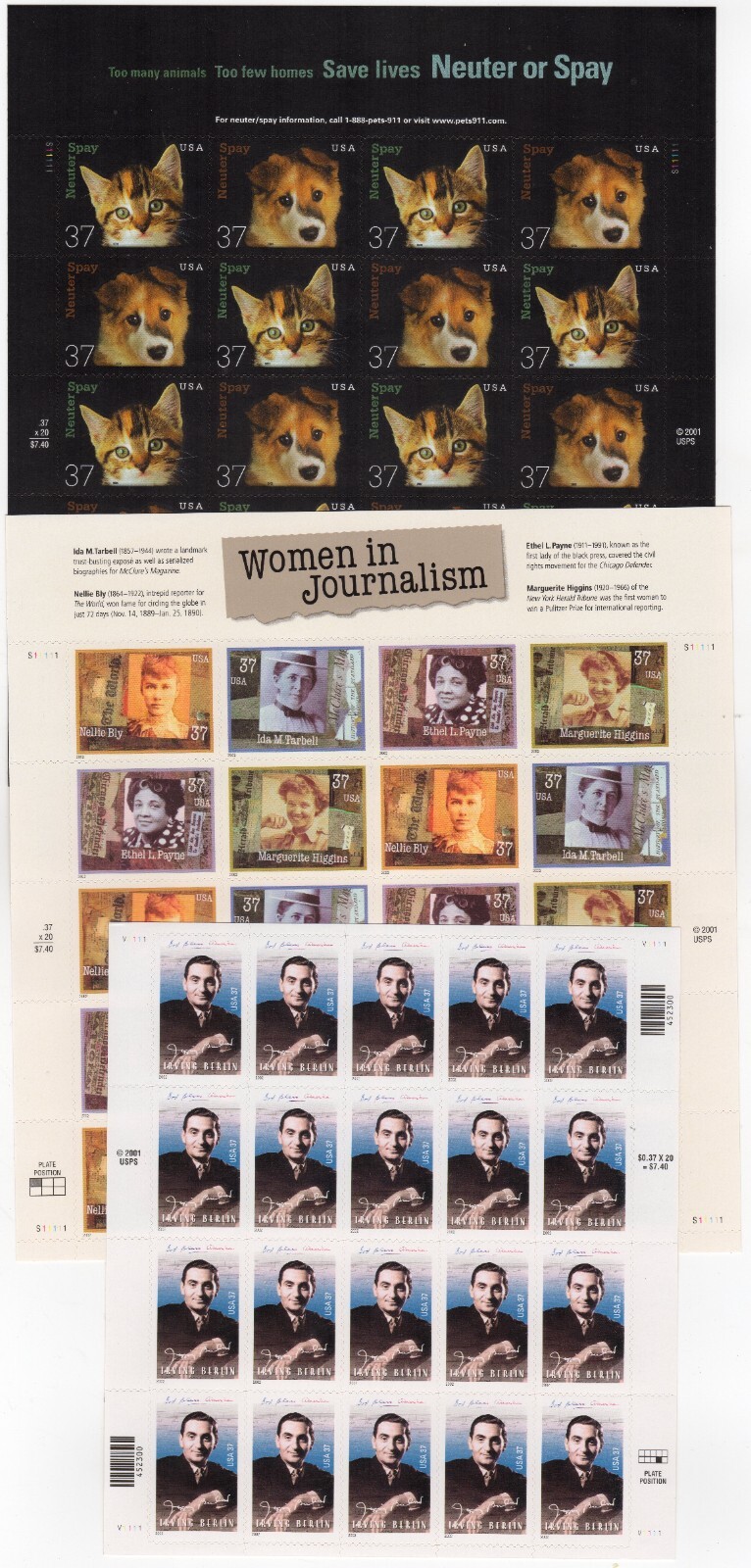 Scott #3668a-3669-3671a Irving Berlin Journalism Neuter Sheet of 20 Stamps - MNH