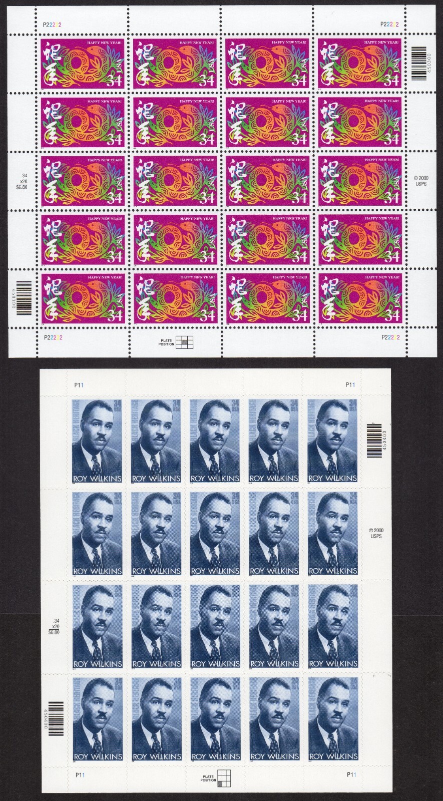 Scott #3500-3501 Chinese New Year (Snake) Roy Wilkins Sheet of 20 Stamps - MNH