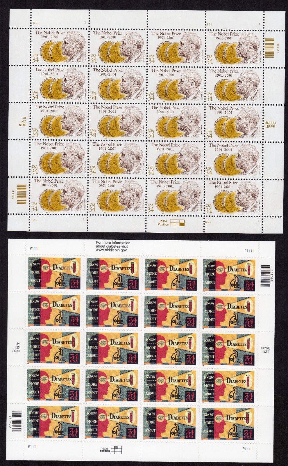 Scott #3503-3504 NOBEL PRIZE Alfred Nobel Diabetes Sheet of 20 34¢ Stamps - MNH