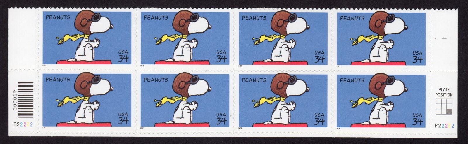 Scott #3507 - Peanuts Snoopy - Plate Block of 8 Stamps - MNH