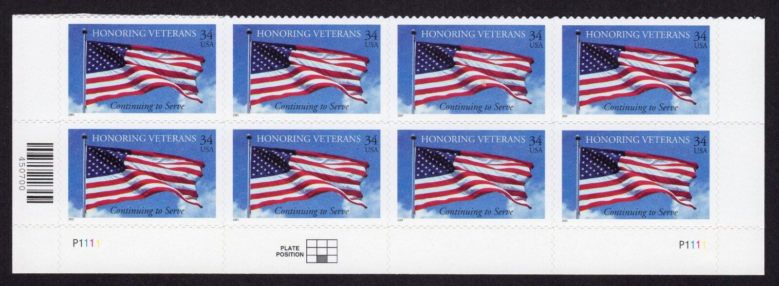 Scott #3508 Honoring Veterans Flag Plate Block of 8 Stamps - MNH Bottom P#P1111