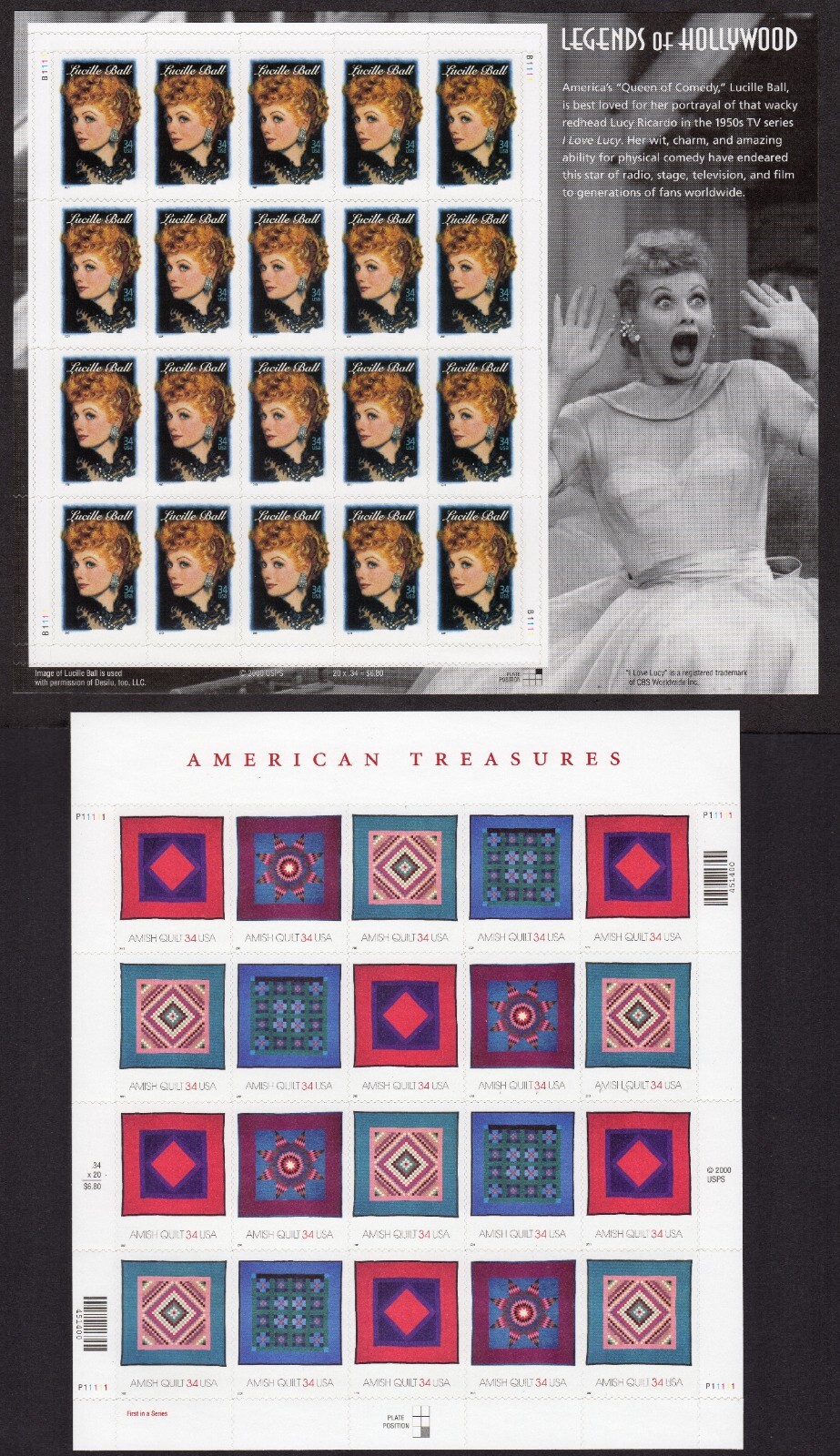 Scott #3523-3527a Lucille Ball Amish Quilt Sheet of 20 Stamps MNH