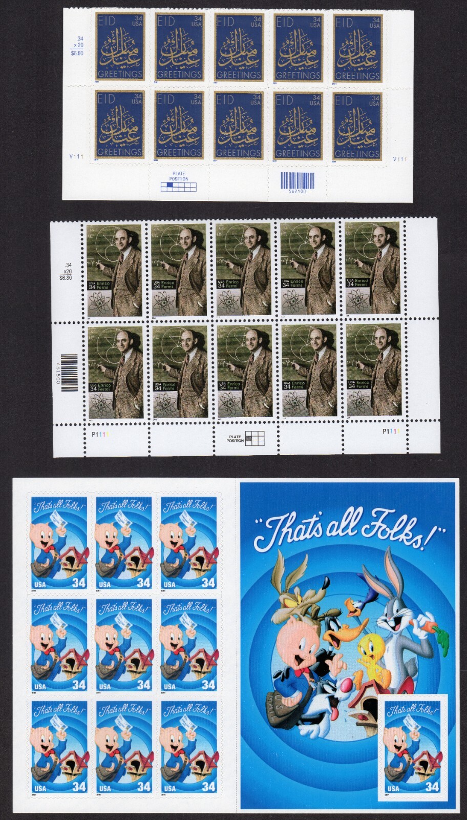Scott #3532-3533-3534 EID Enrico Fermi Porky Pig Plate Block of 10 Stamps MNH