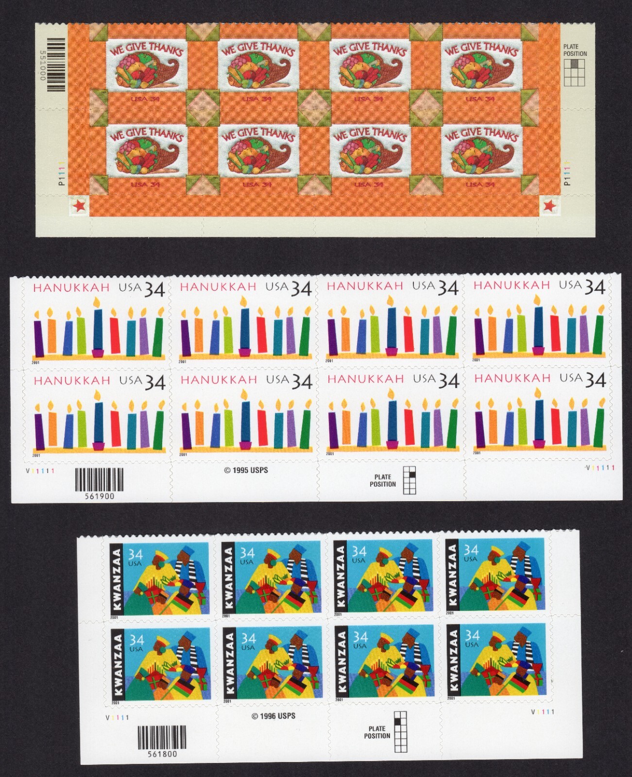 Scott #3546-3547-3548 Give Thanks Hanukkah Kwanzaa Plate Block of 8 Stamps MNH