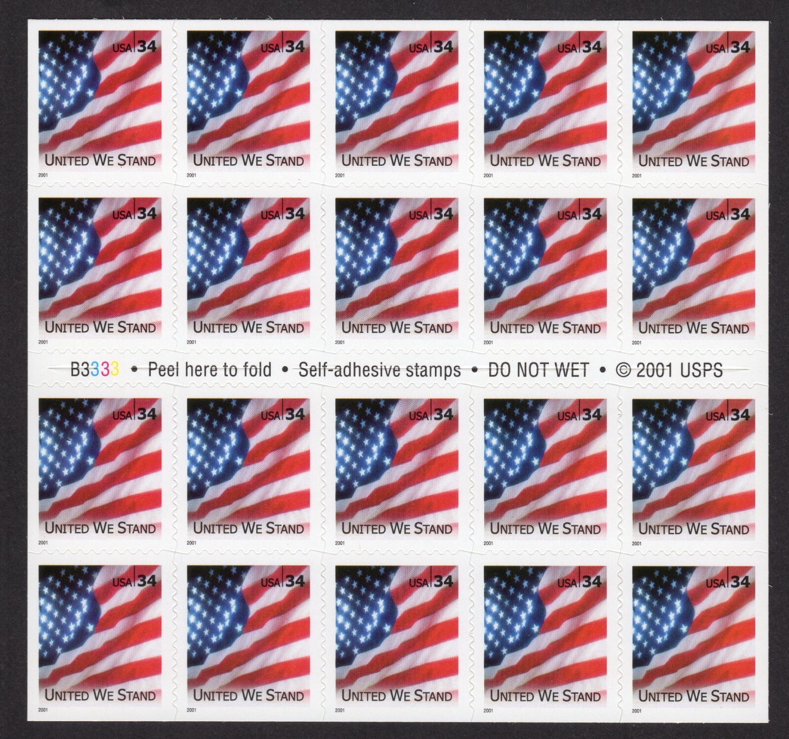 Scott #3549a United We Stand Flag Booklet of 20 Stamps - MNH P#B3333