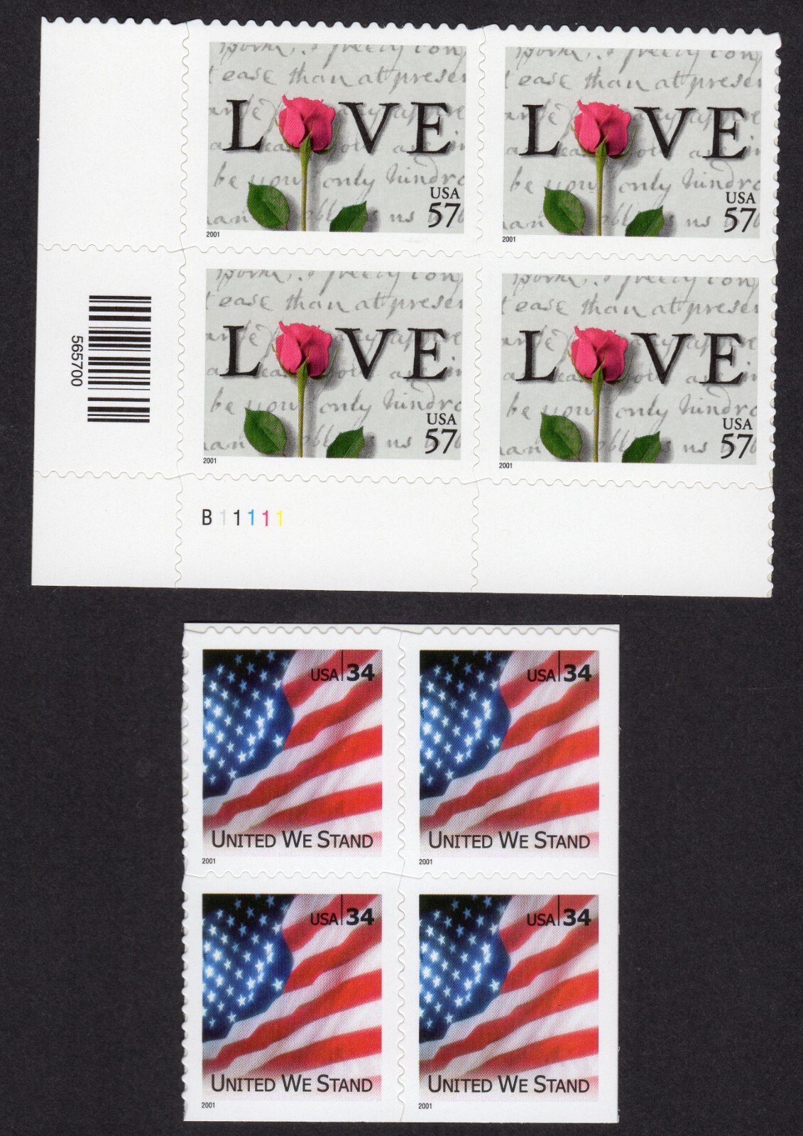 Scott #3549a-3551 United We Stand Flag Love Rose Plate Block of 4 Stamps MNH LL