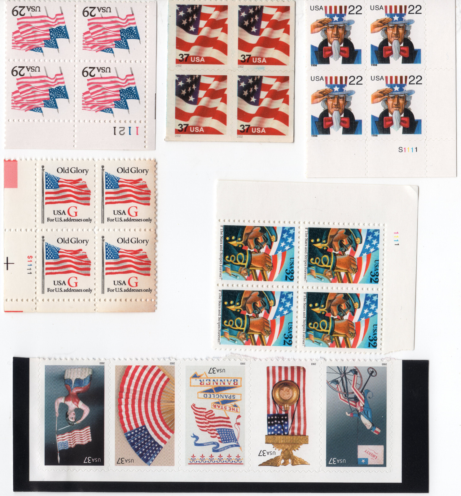 25 Flag Stamps 29c-37c Blocks of Stamps (FV: $7.93) - MNH