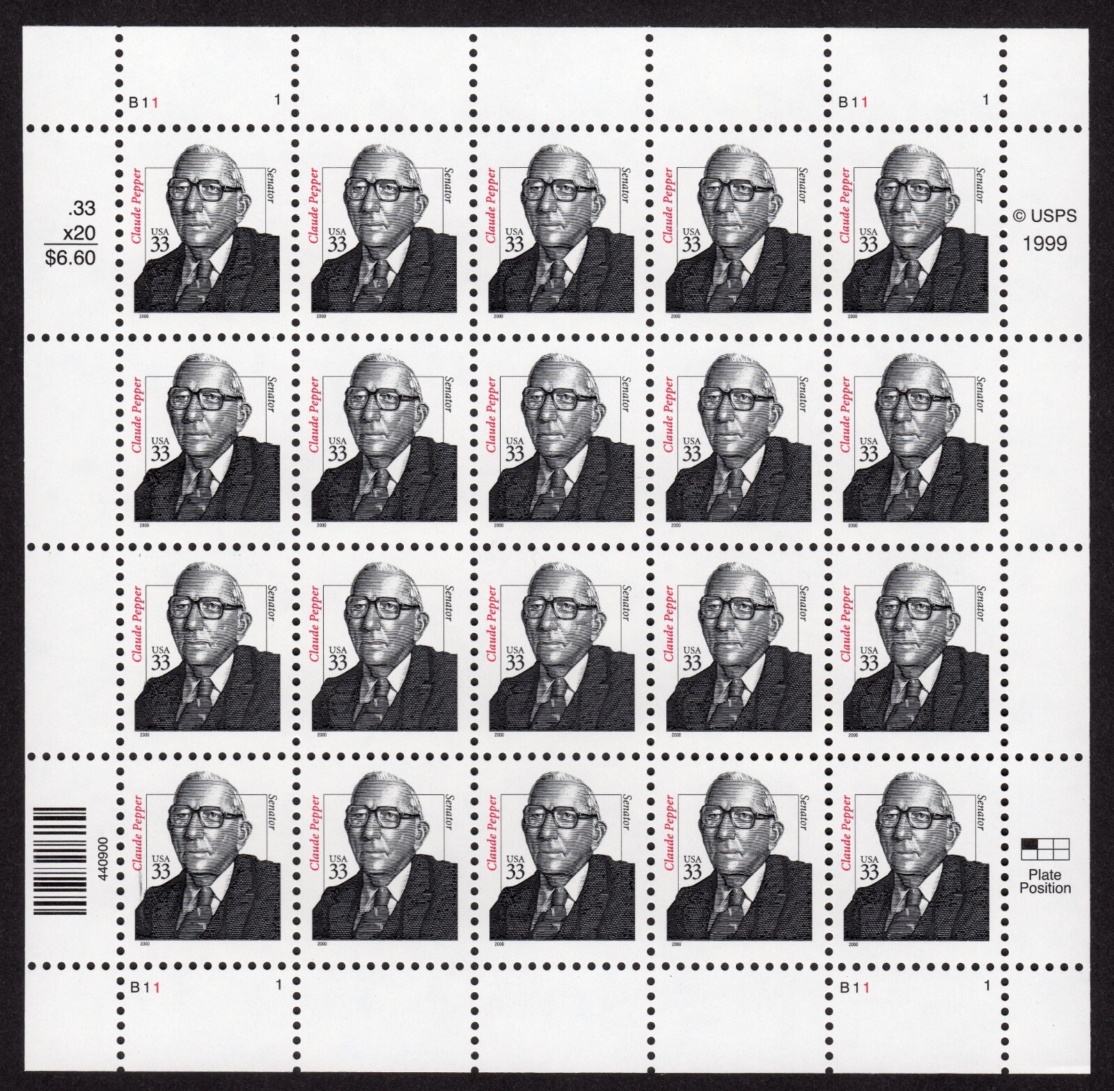 Scott #3426 Claude Pepper (Senator) Sheet of 20 Stamps - MNH