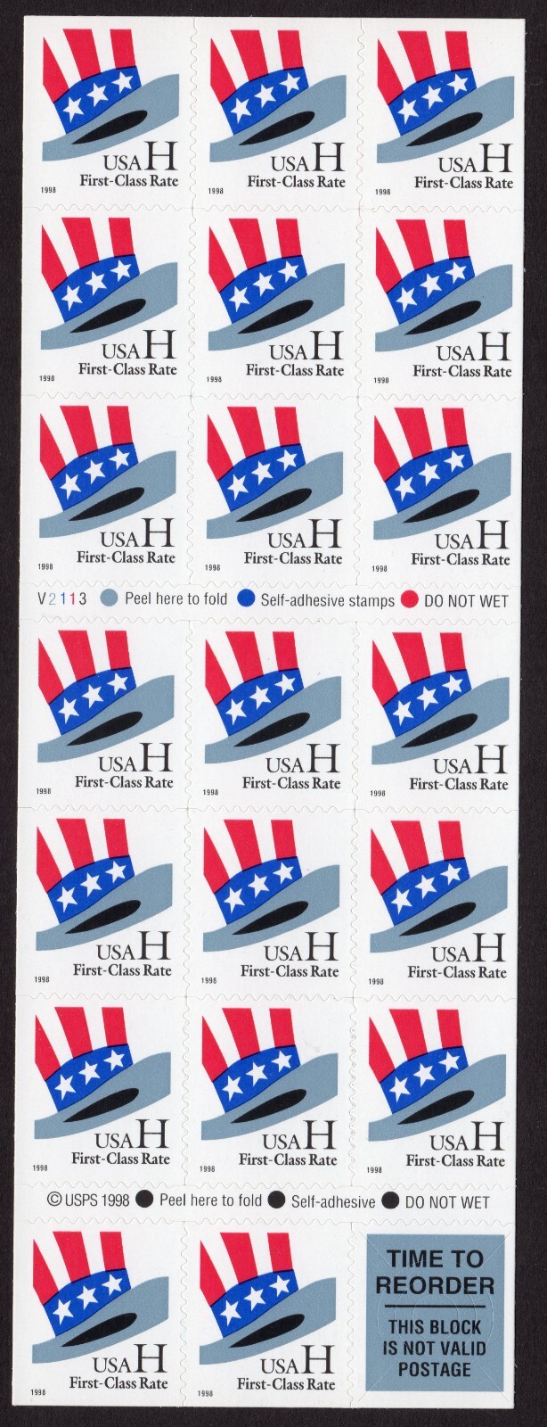 Scott #3268c Hat H Stamp Booklet Pane of 20 Stamps - MNH P#V2113