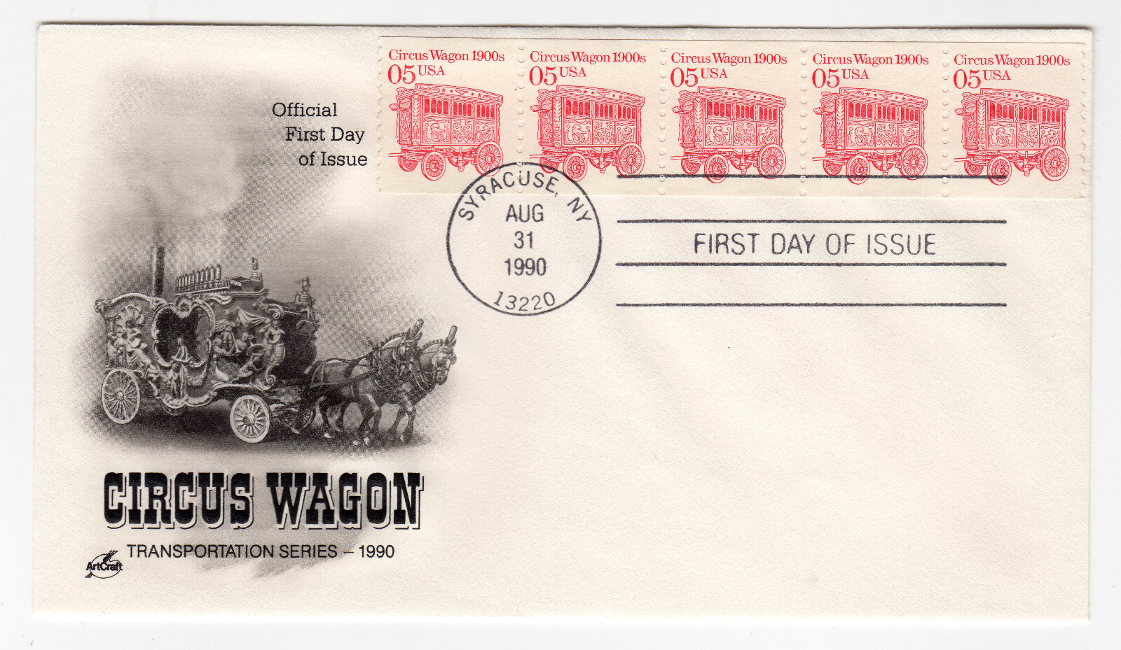 Scott #2452 Circus Wagon (08/31/1990) Artcraft Coil of 5 FDC Syracuse NY