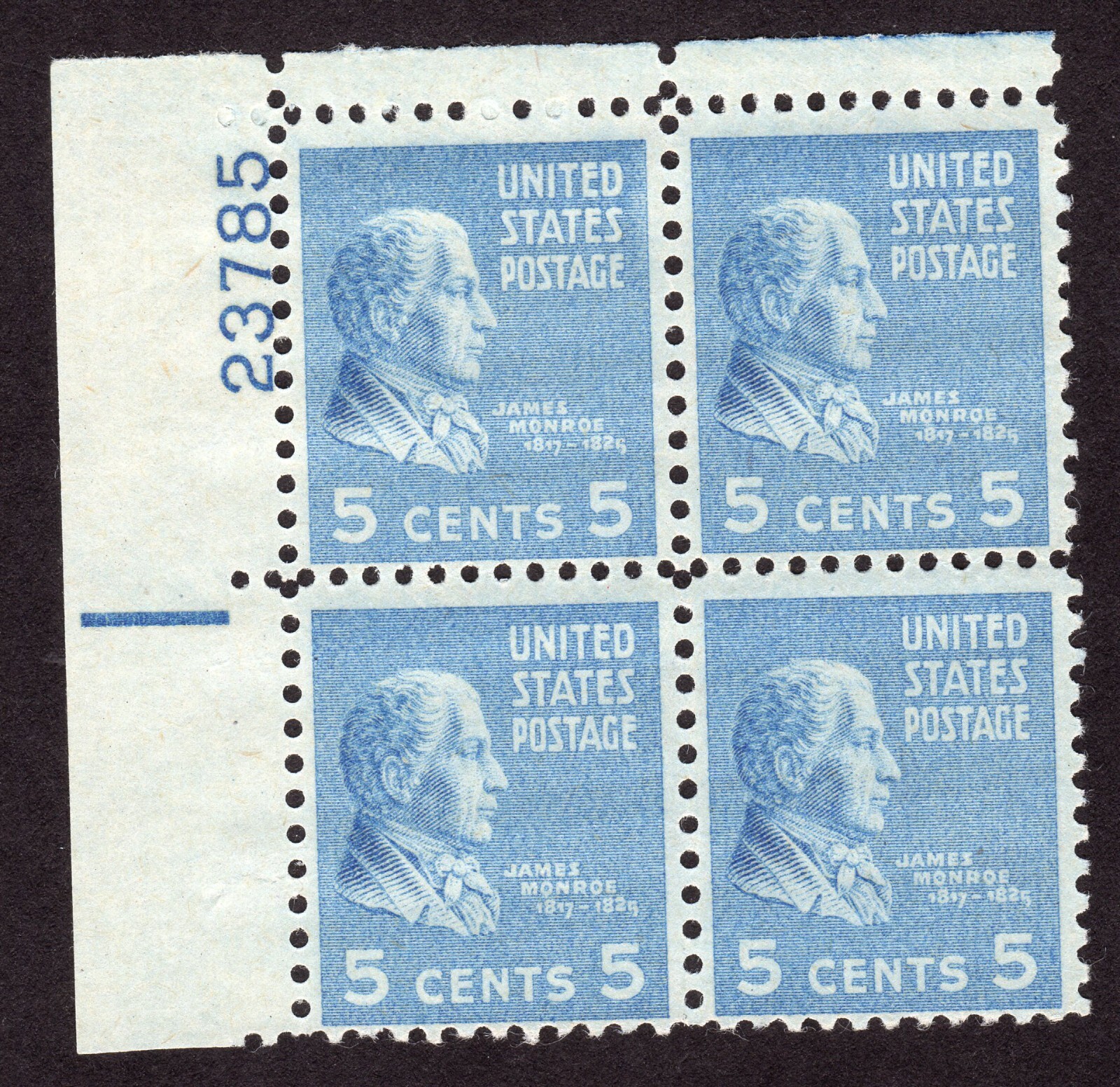 Scott #810 James Monroe Plate Block of 4 Stamps - MNH P#23785 UL