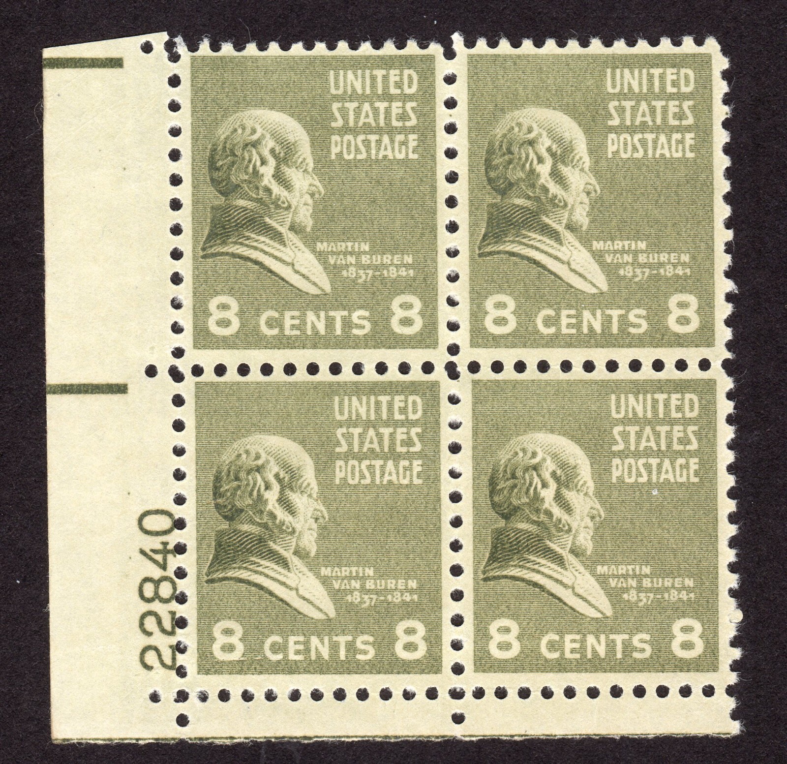 Scott #813 Martin Van Buren Plate Block of 4 Stamps - MNH P#22840 LL