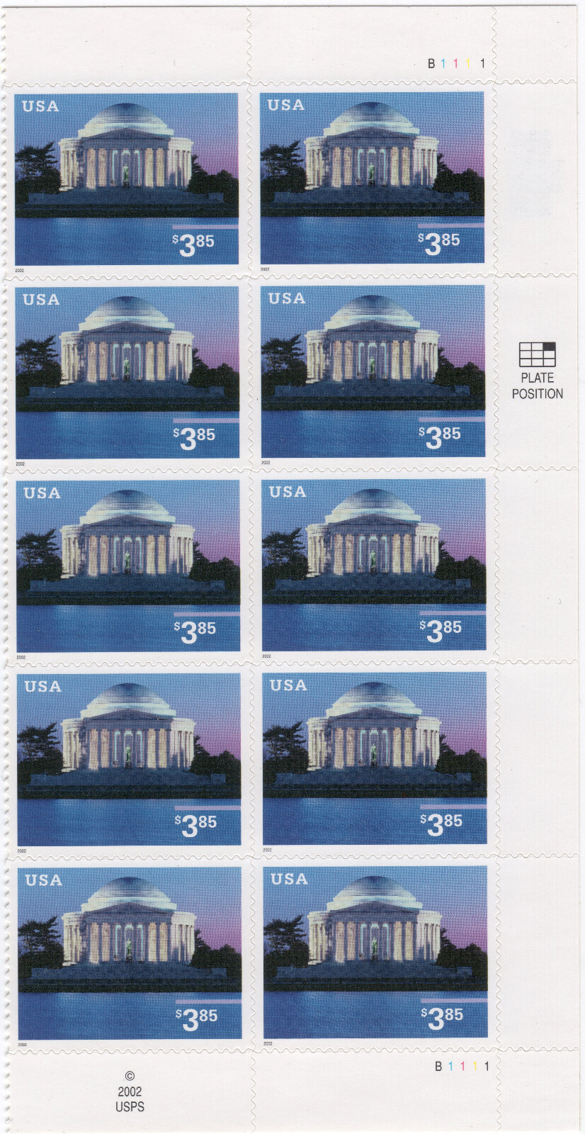Scott #3647 $3.85 Jefferson Memorial Half Sheet Plate Block of 10 Stamps
