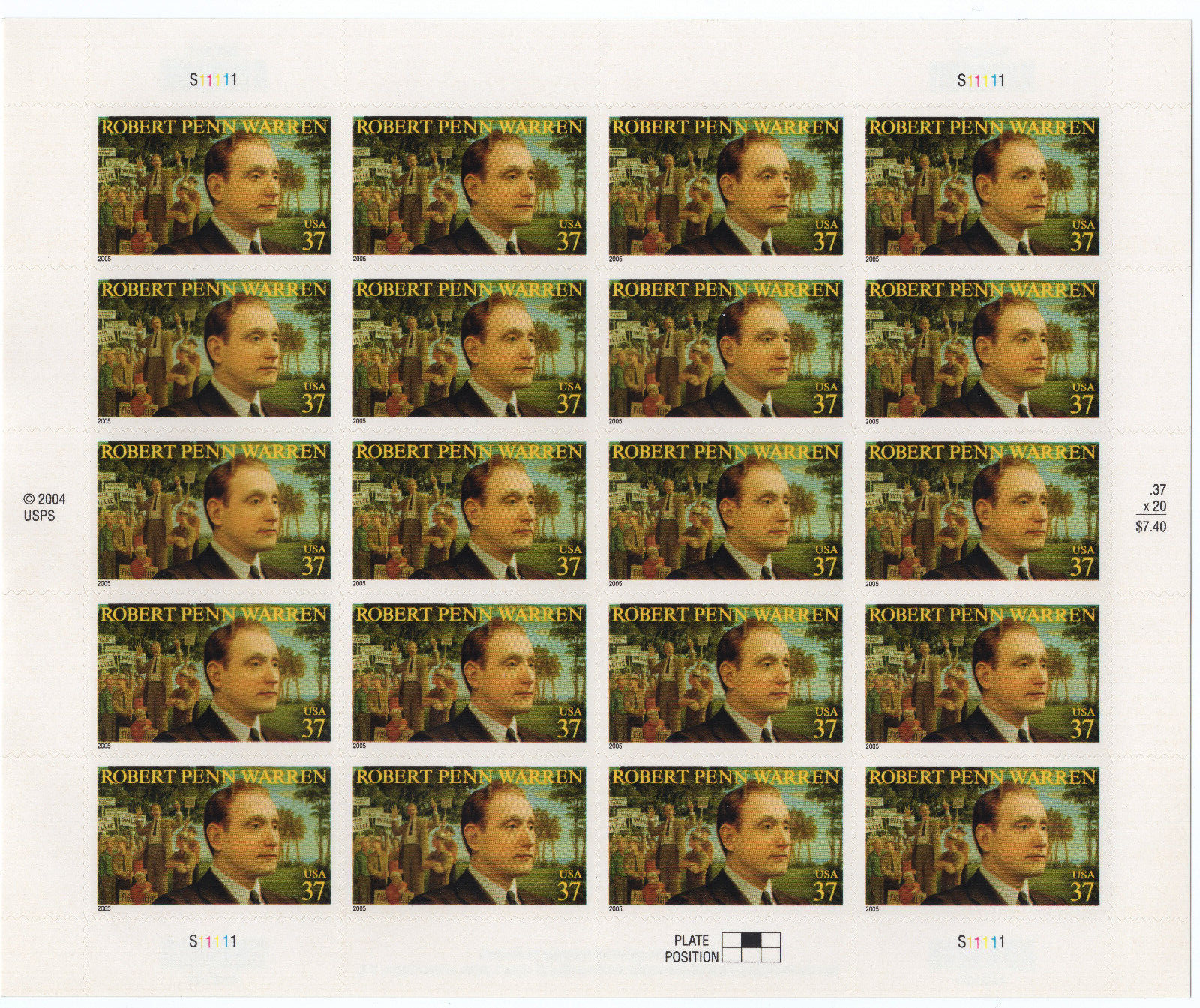 Scott #3904 Robert Penn Warren (Rhode Island) Sheet of 20 Stamps - MNH