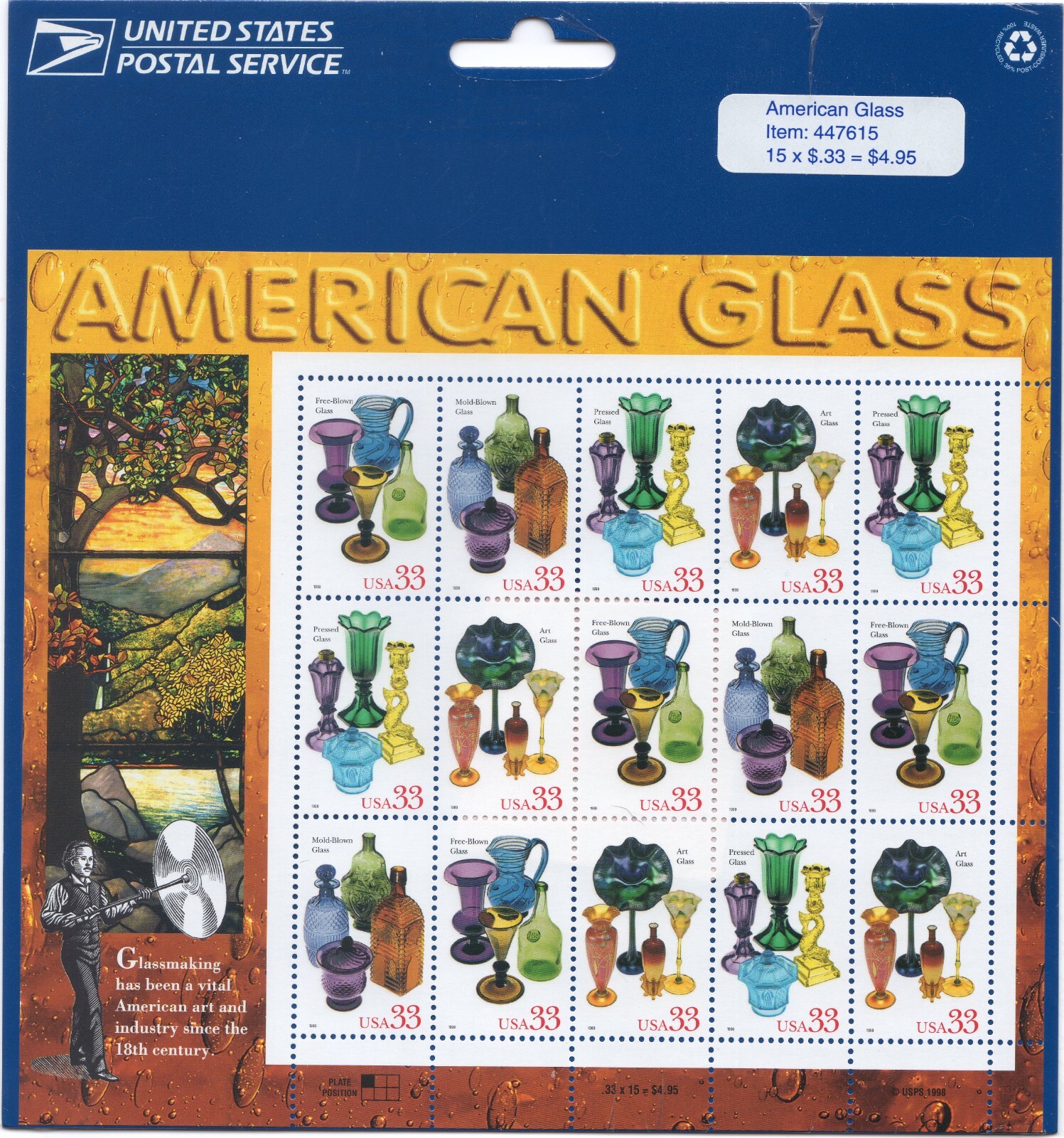 Scott #3328a American Glass Sheet of 15 Stamps - Sealed Blue