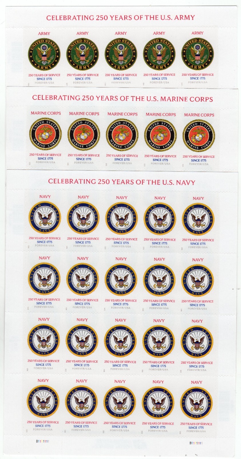 Scott #6010 6011 6012 US Military 250th Sheets of 20 Forever Stamps - MNH