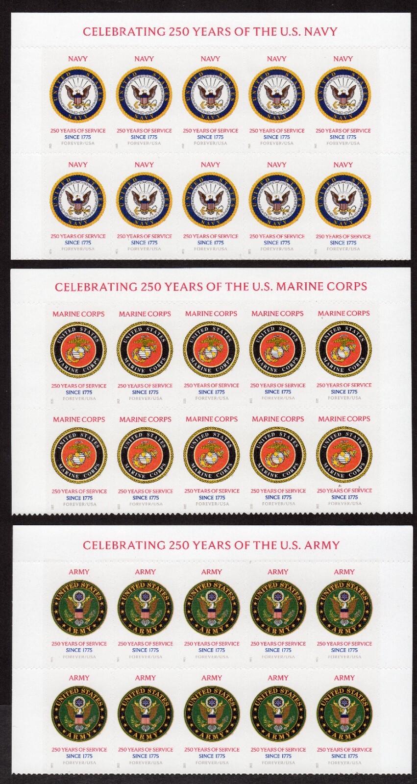 Scott #6010 6011 6012 US Military 250th Title Blocks of 10 Forever Stamps - MNH