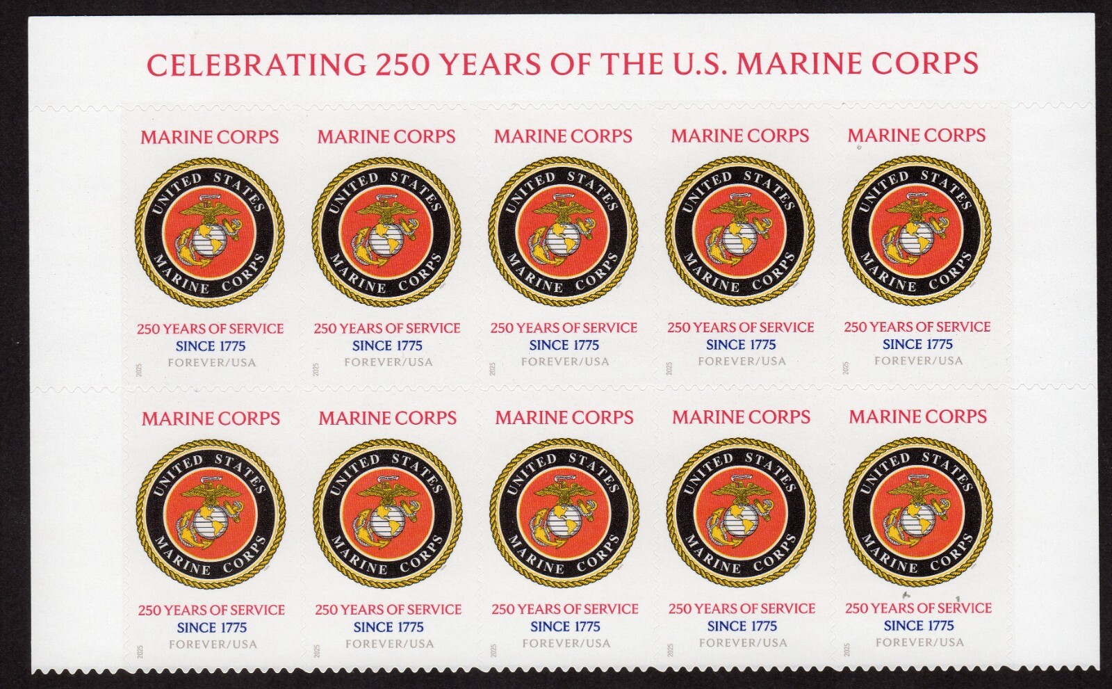 Scott #6011 US Marines 250th Anniversary Title Block of 10 Forever Stamps - MNH