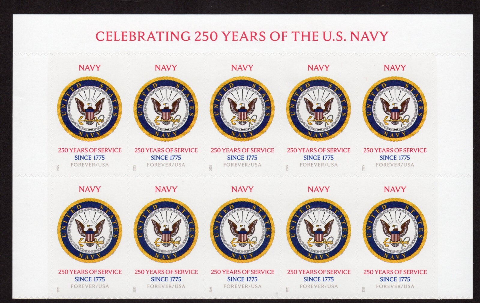Scott #6012 US Navy 250th Anniversary Title Block of 10 Forever Stamps - MNH