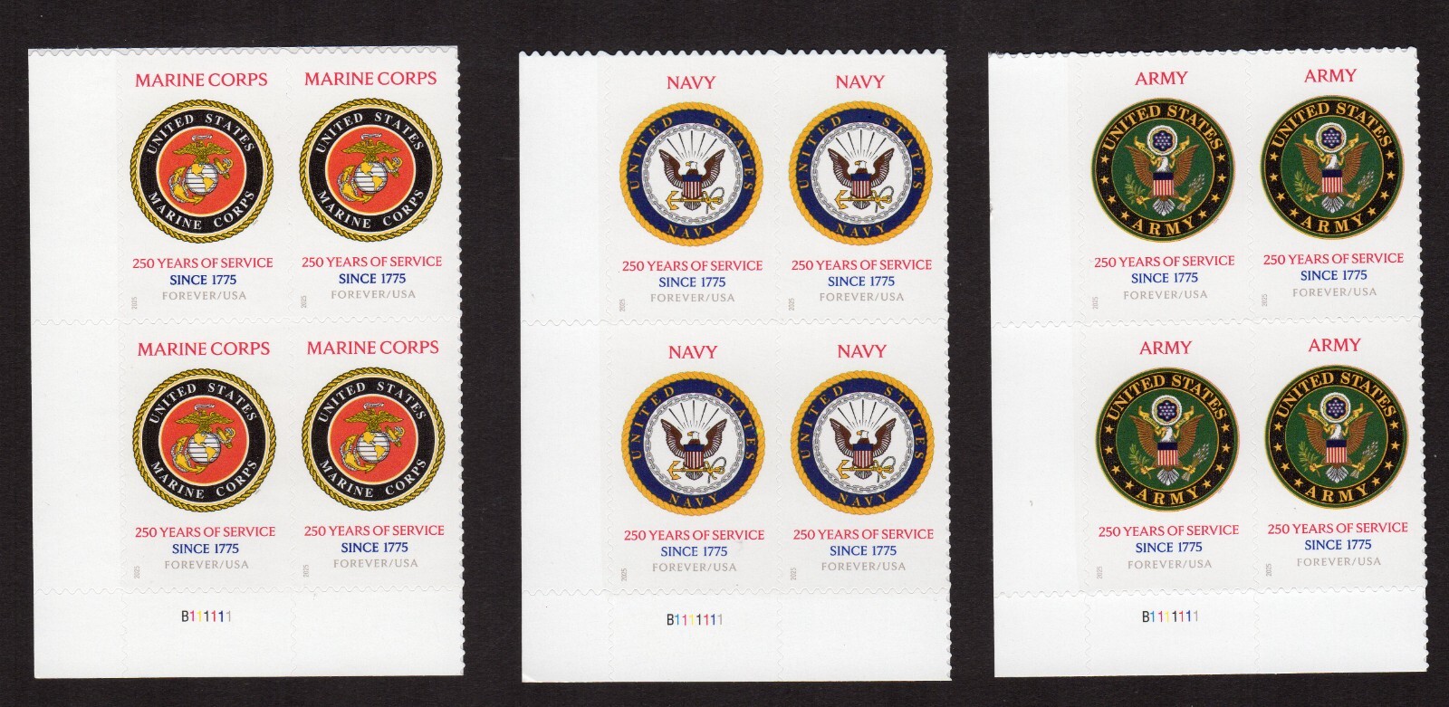 Scott #6010 6011 6012 Army Marines Navy 250th Plate Block of 4 Stamps MNH