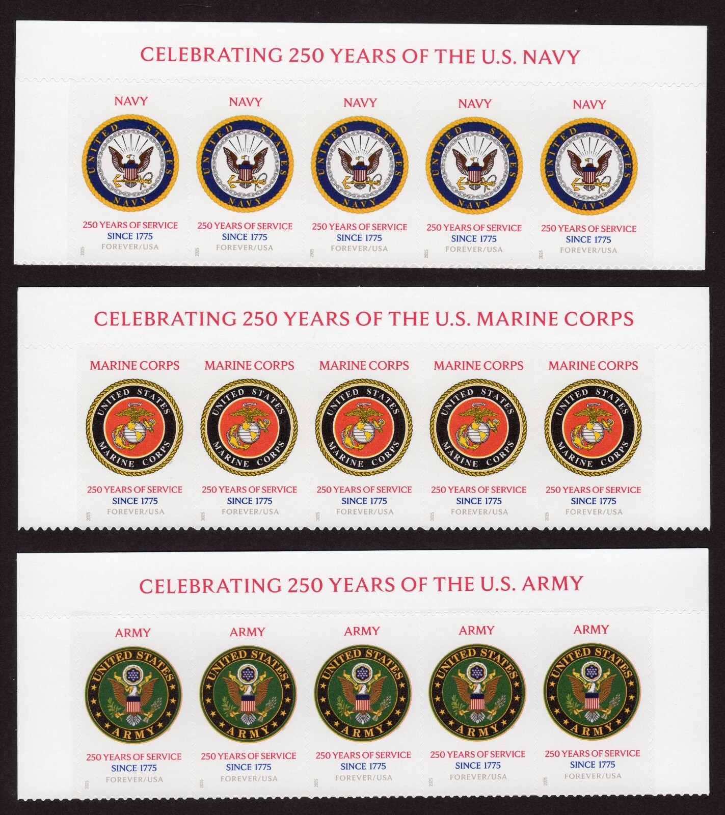 Scott #6010 6011 6012 US Military 250th Anniversary Strip of 5 Stamps - MNH